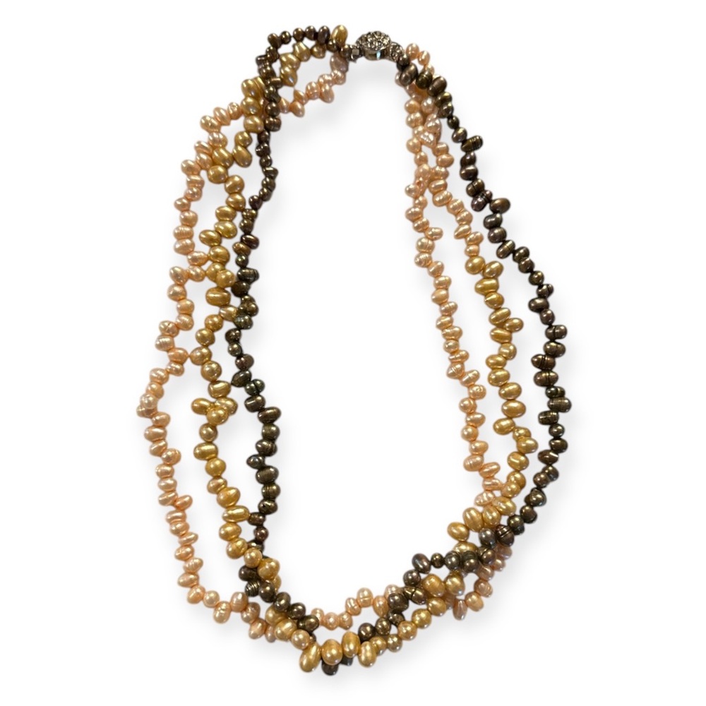 Freshwater Artisian Baroque Pearl Triple Strand Necklace in Pearlescent Two Tone